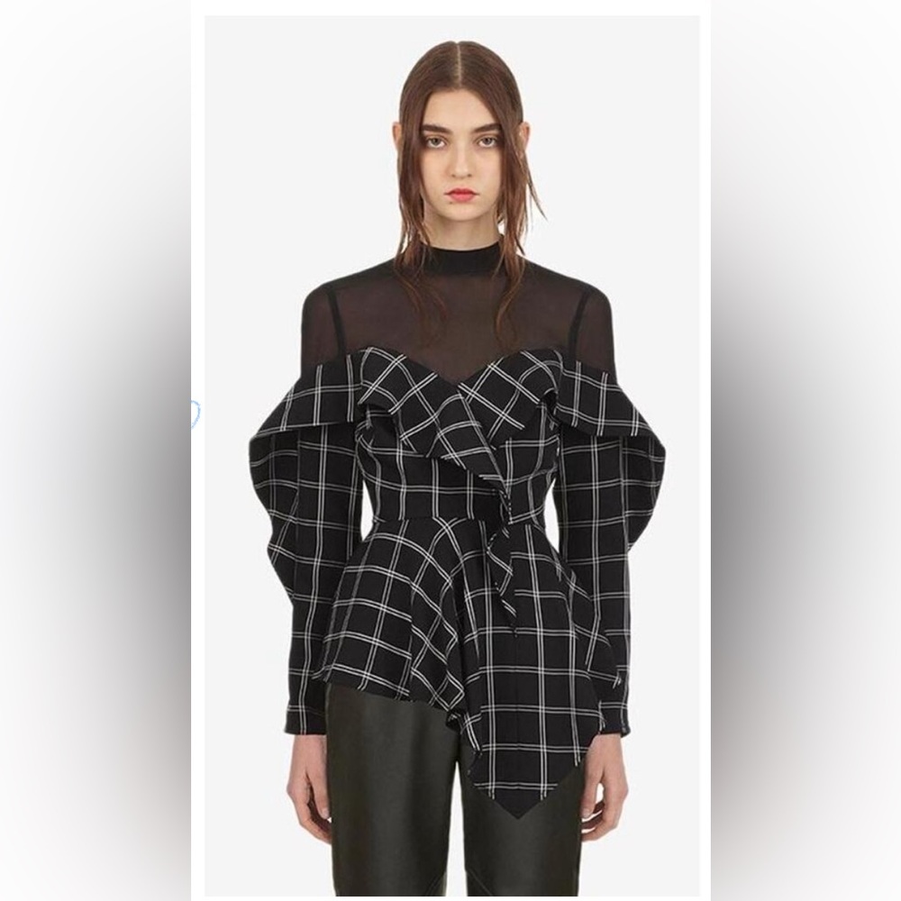 Self-Portrait Black and White Windowpane Ruffle Blouse